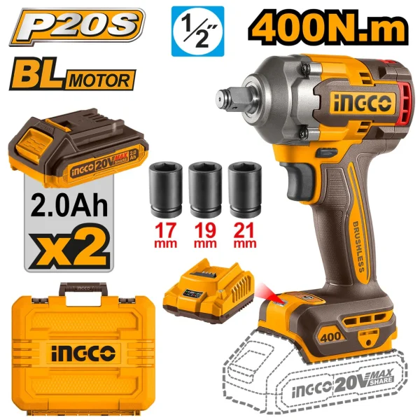 Boulonneuse à choc20V 400 Nm 2BATT sanscharbons SI INGCO