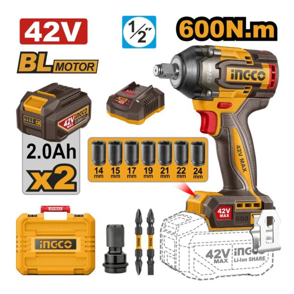 Clé à choc sans fil 42V 600 N.m CIWLI42602 INGCO
