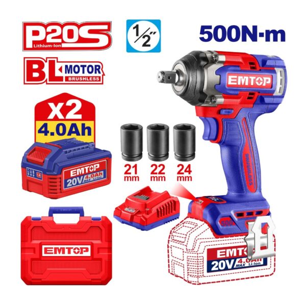 Clé à chocs 1/2" sans fil 500Nm + 2 Batteries 4.0Ah IMTOP