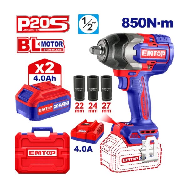 Clé à chocs 1/2" sans fil 850Nm + 2 Batteries 4.0Ah IMTOP