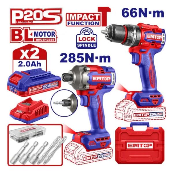 Pack Perceuse à percussion 66Nm+ Visseuse à choc 285Nm+ 2Batteries 2.0Ah