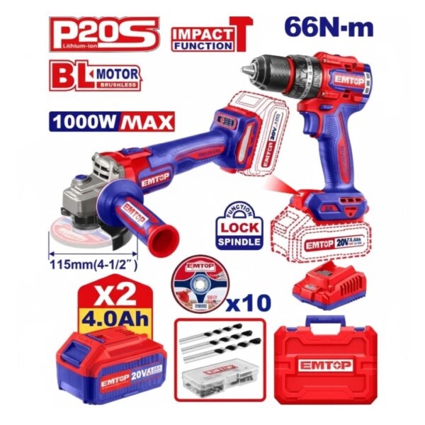 Pack Perceuse à percussion 66Nm+Meuleuse 115mm+2Batt 4.0Ah IMTOP